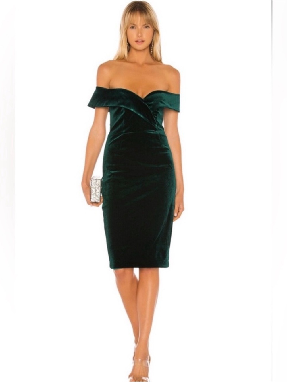 Bardot | Bella Dark Green Velvet Off The Shoulder Cocktail Dress Women's size 6